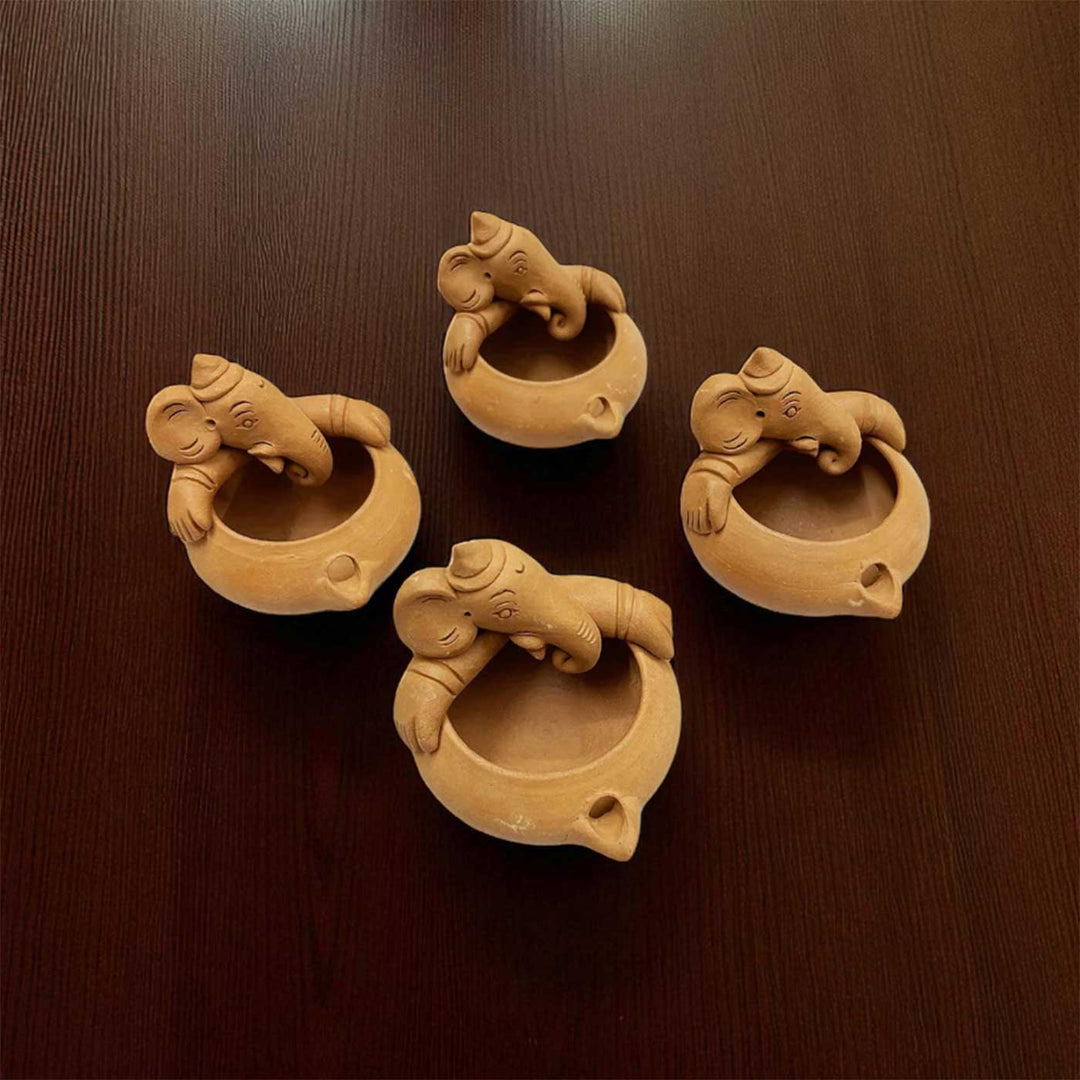 Set Of 4 | Handmade Ganesh Design Terracotta Oil Lamp / Diya