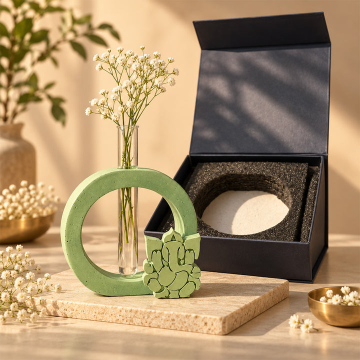 2 Pc | Handmade Eternal Grace Concrete Ganesha & Test Tube Vase Gift Hamper