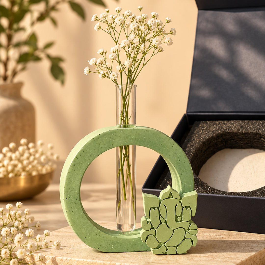 2 Pc | Handmade Eternal Grace Concrete Ganesha & Test Tube Vase Gift Hamper
