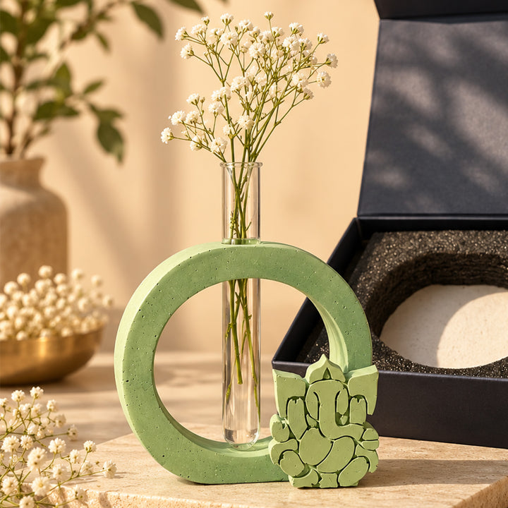 2 Pc | Handmade Eternal Grace Concrete Ganesha & Test Tube Vase Gift Hamper