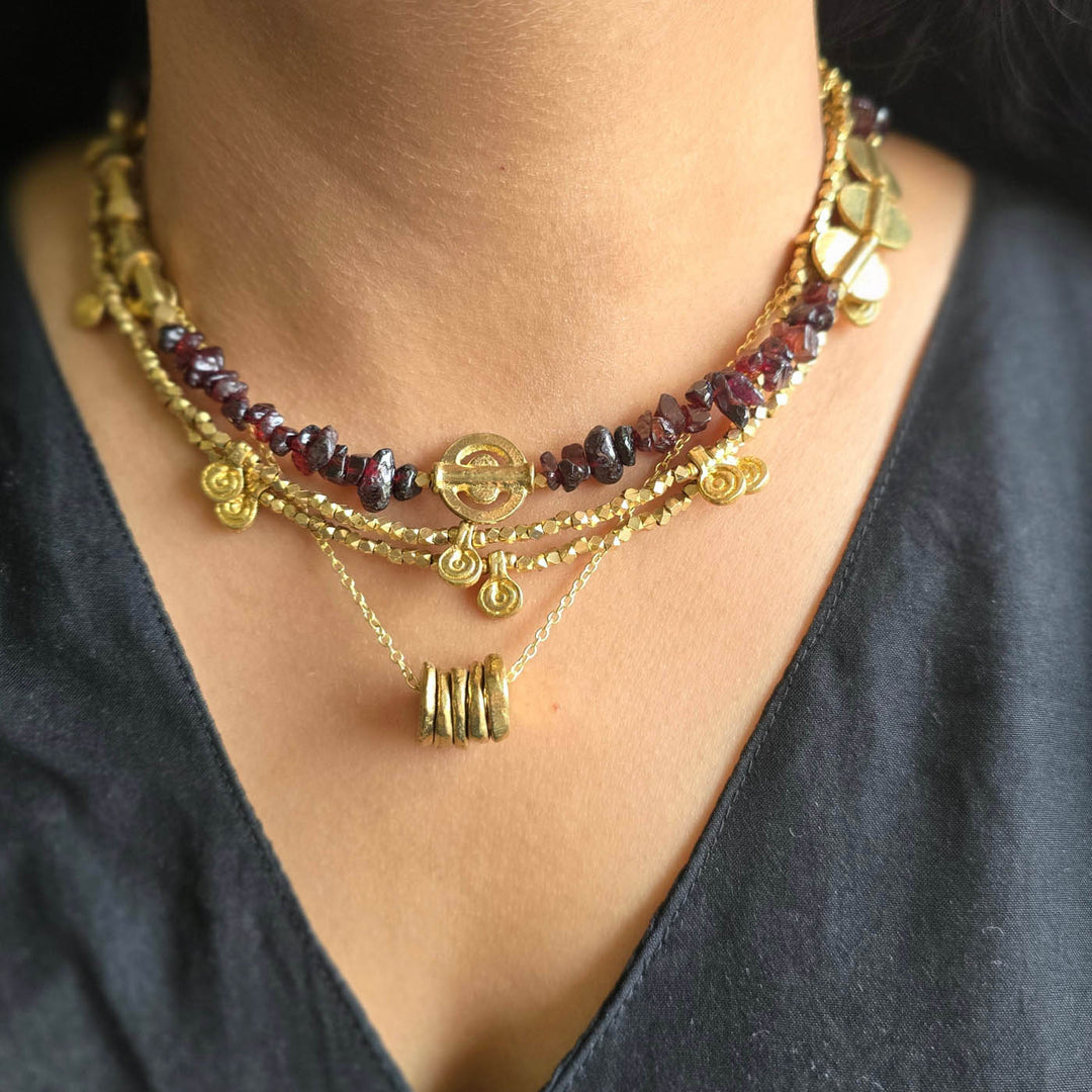 Handmade Garnet Layered Brass Short Necklace
