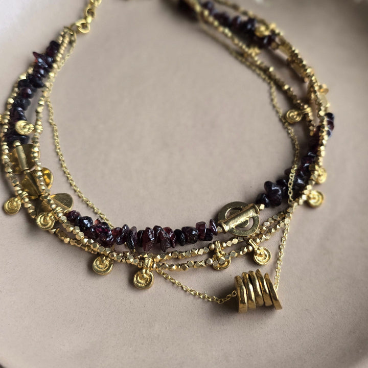 Handmade Garnet Layered Brass Short Necklace