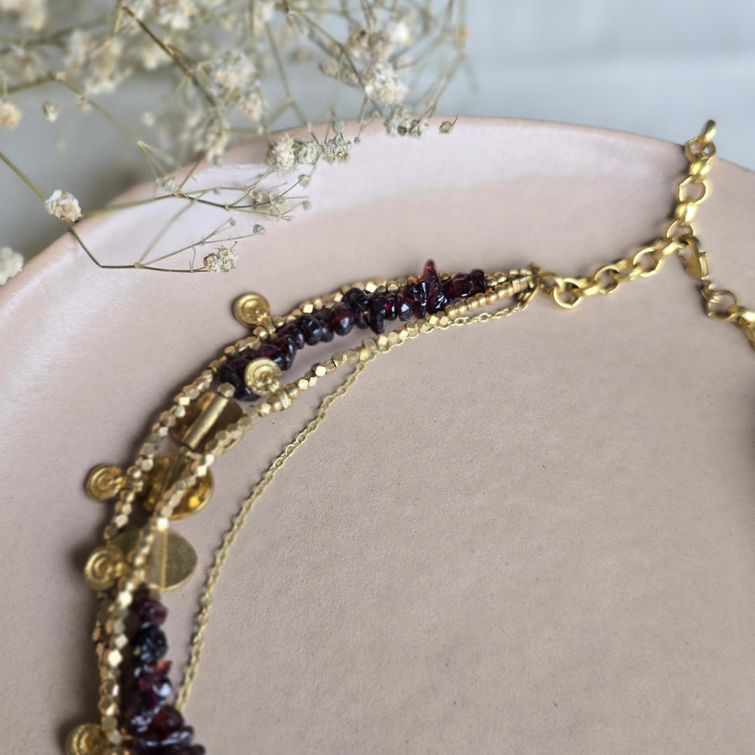 Handmade Garnet Layered Brass Short Necklace