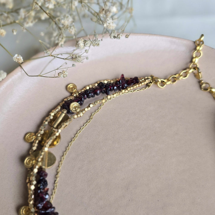 Handmade Garnet Layered Brass Short Necklace