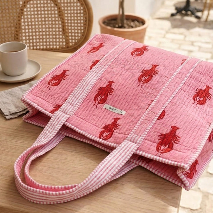 Handmade Large Pink Lobster Cotton Tote Bag