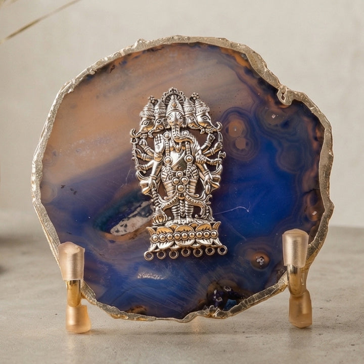 Blue Agate Silver Plated Ganesha Showpiece With Metal Stand