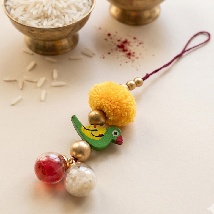 Handmade Bird Charm Tassel Roli Chawal/Haldi Kumkum Holder