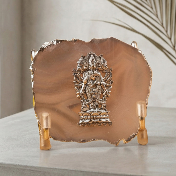 Natural Agate Silver Plated Ganesha Showpiece With Metal Stand