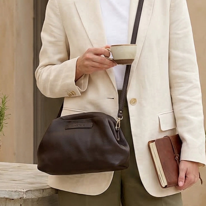 Personalized Dark Brown Slouch Leather Clutch With Sling