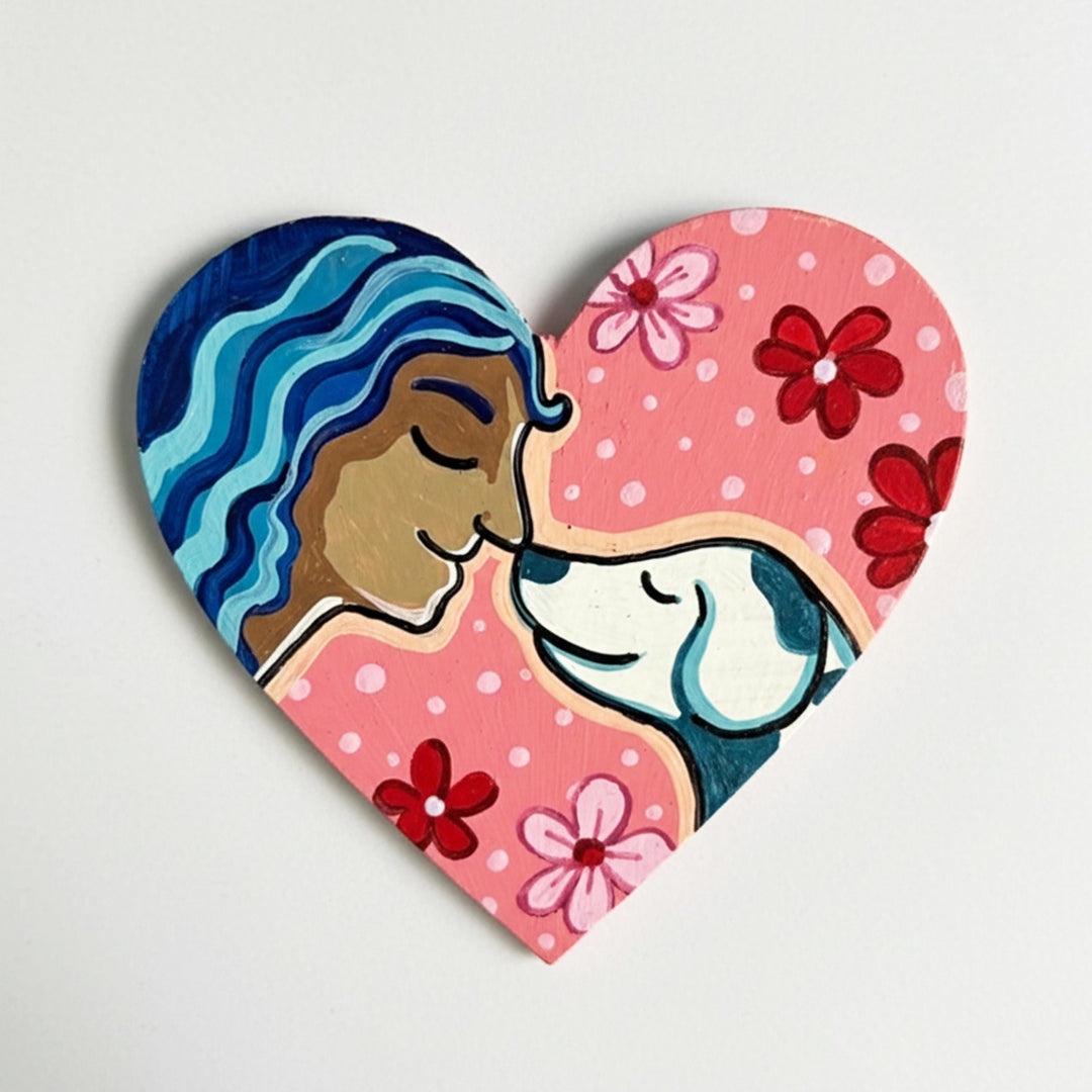 Hand-Painted Girl & Dog Heart Shaped MDF Wood Fridge Magnet