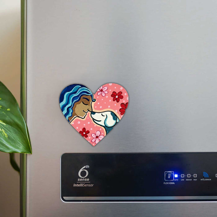 Hand-Painted Girl & Dog Heart Shaped MDF Wood Fridge Magnet