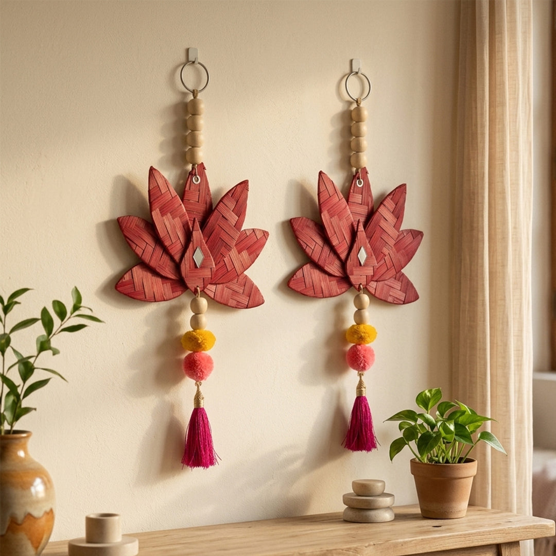 Set of 2 | "Padma" Handcrafted Bamboo Lotus Wall Hanging With Wooden Beads For Festive Decor