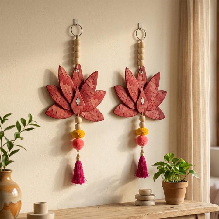 Set of 2 | "Padma" Handcrafted Bamboo Lotus Wall Hanging With Wooden Beads For Festive Decor