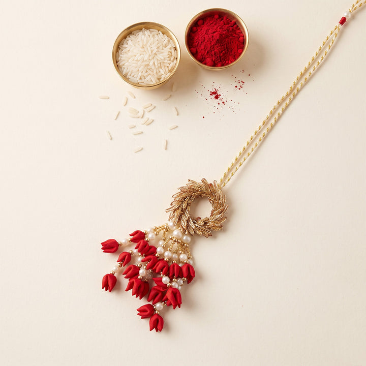 Handmade Floral Ring Tassel Silk Fabric Lumba Rakhi For Bhabhi With Roli Chawal