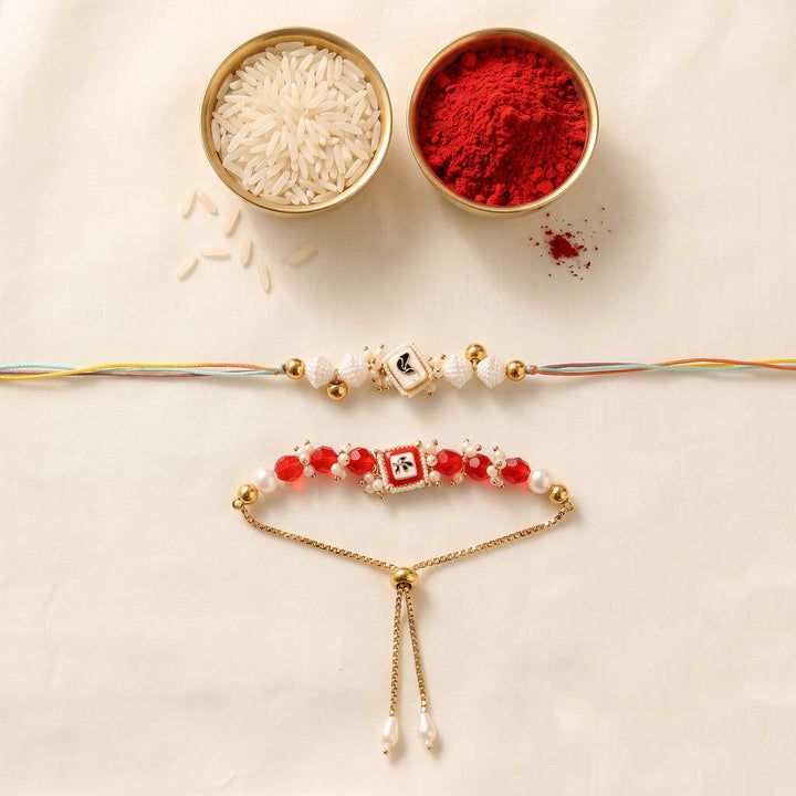 Hand-Knotted Red & White Beaded Rakhi & Lumba Set For Bhaiya Bhabhi | Set of 2