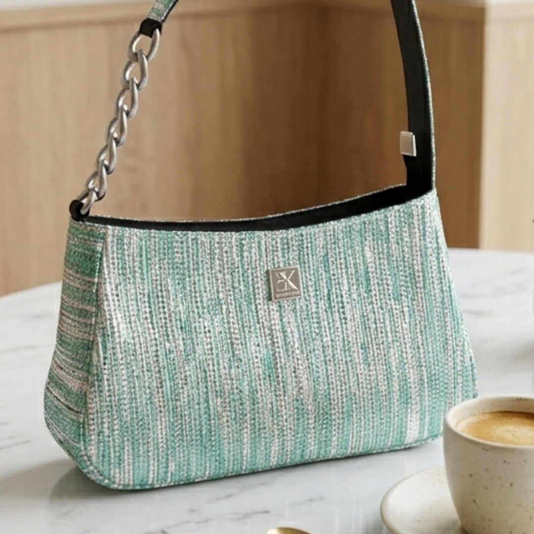 Sea Blue and Silver Striped Upcycled Plastic Handcrafted Mini Baguette Handbag