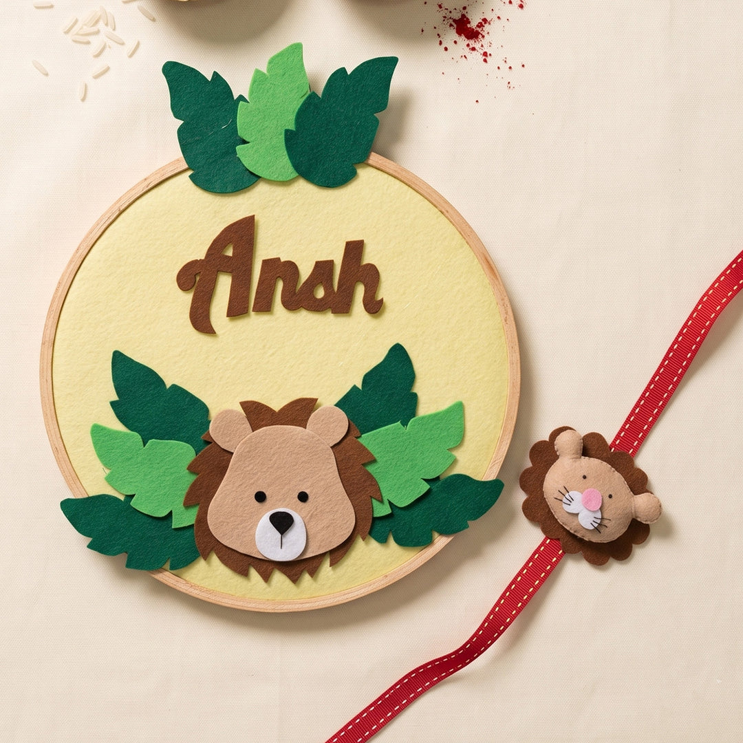 Personalised Handmade Felt Lion Rakhi With Matching Nameplate & Roli Chawal For Brother