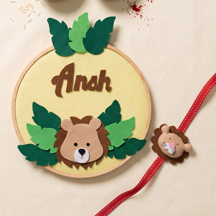 Personalised Handmade Felt Lion Rakhi With Matching Nameplate & Roli Chawal For Brother