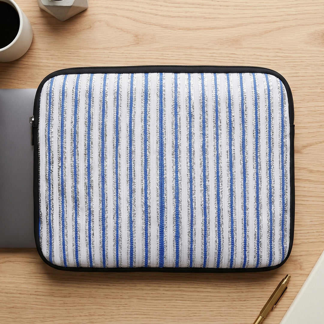 Handcrafted Indigo Blue and White Striped Upcycled Plastic 14" Laptop Sleeve