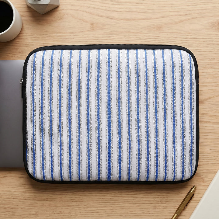 Handcrafted Indigo Blue and White Striped Upcycled Plastic 14" Laptop Sleeve