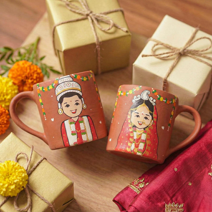 2 Pc | Bengali Couple Personalized Handpainted Terracotta Mug | 200 ml