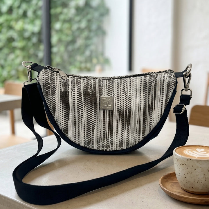 Abstract White and Black Striped Upcycled Plastic Handcrafted Curve Sling Bag
