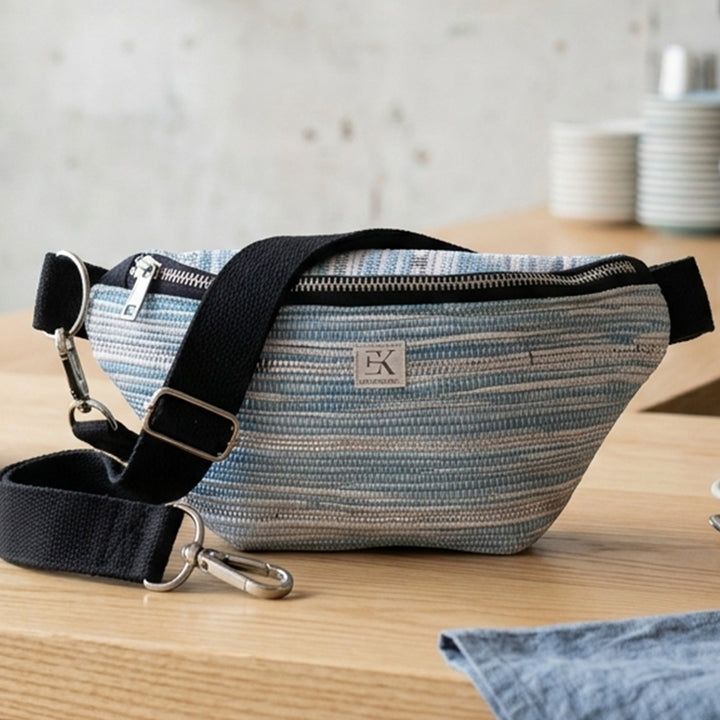 Blue and White Upcycled Handcrafted Lightweight Plastic Fanny Pack Crossbody Bag