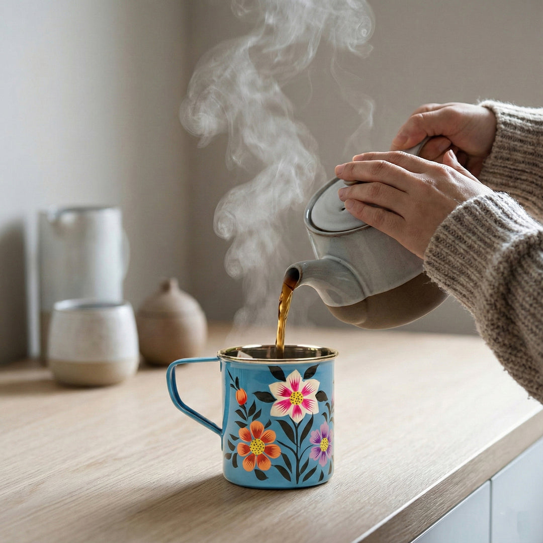 Hand-Painted Blue Floral Kashmiri Art Stainless Steel Mug