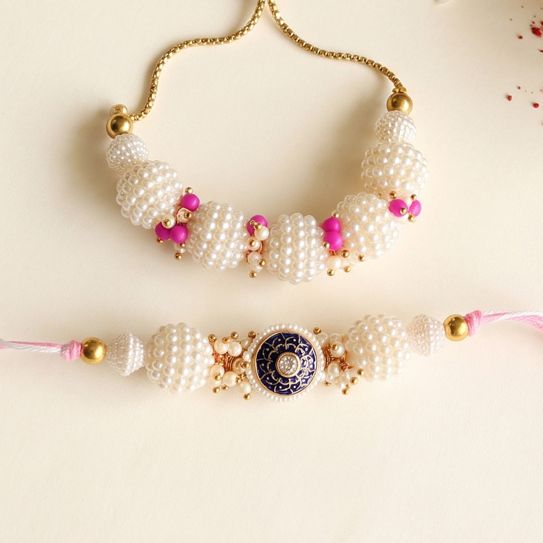 Hand-Knotted Blue Pearl Beaded Rakhi & Lumba Set For Bhaiya Bhabhi | Set of 2