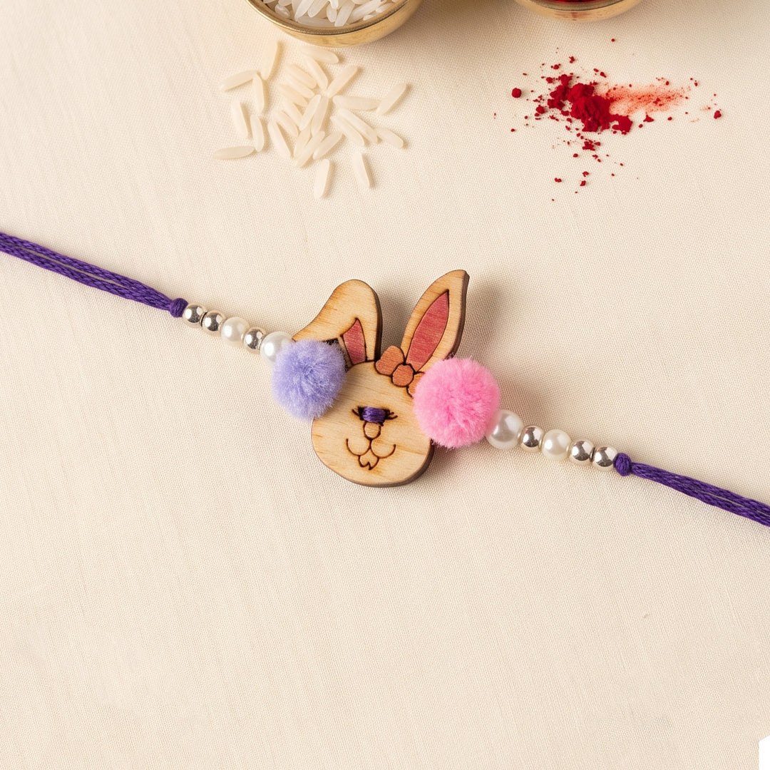 Fluffy Bunny Handcrafted Wooden Kids Rakhi With Roli Chawal For Brother