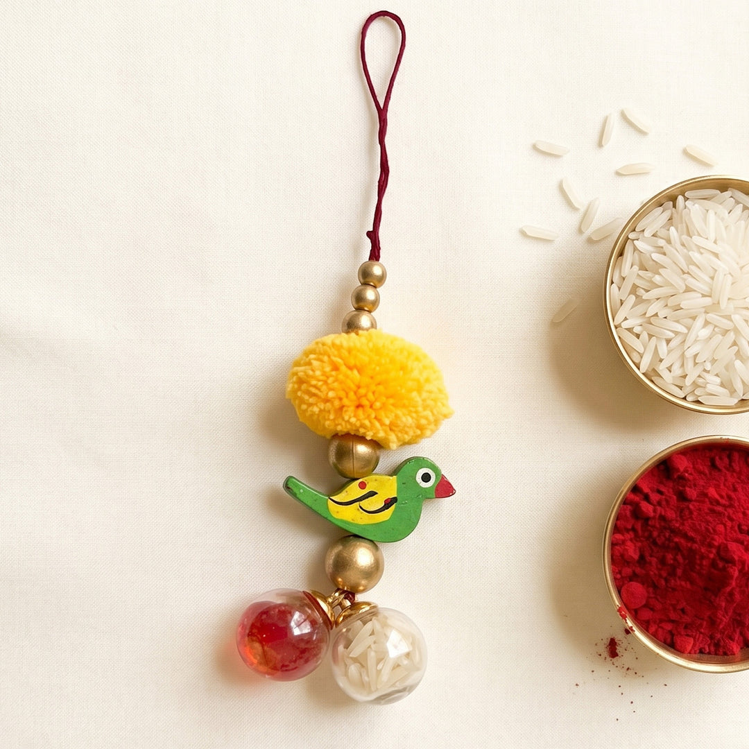 Handmade Bird Charm Tassel Roli Chawal/Haldi Kumkum Holder