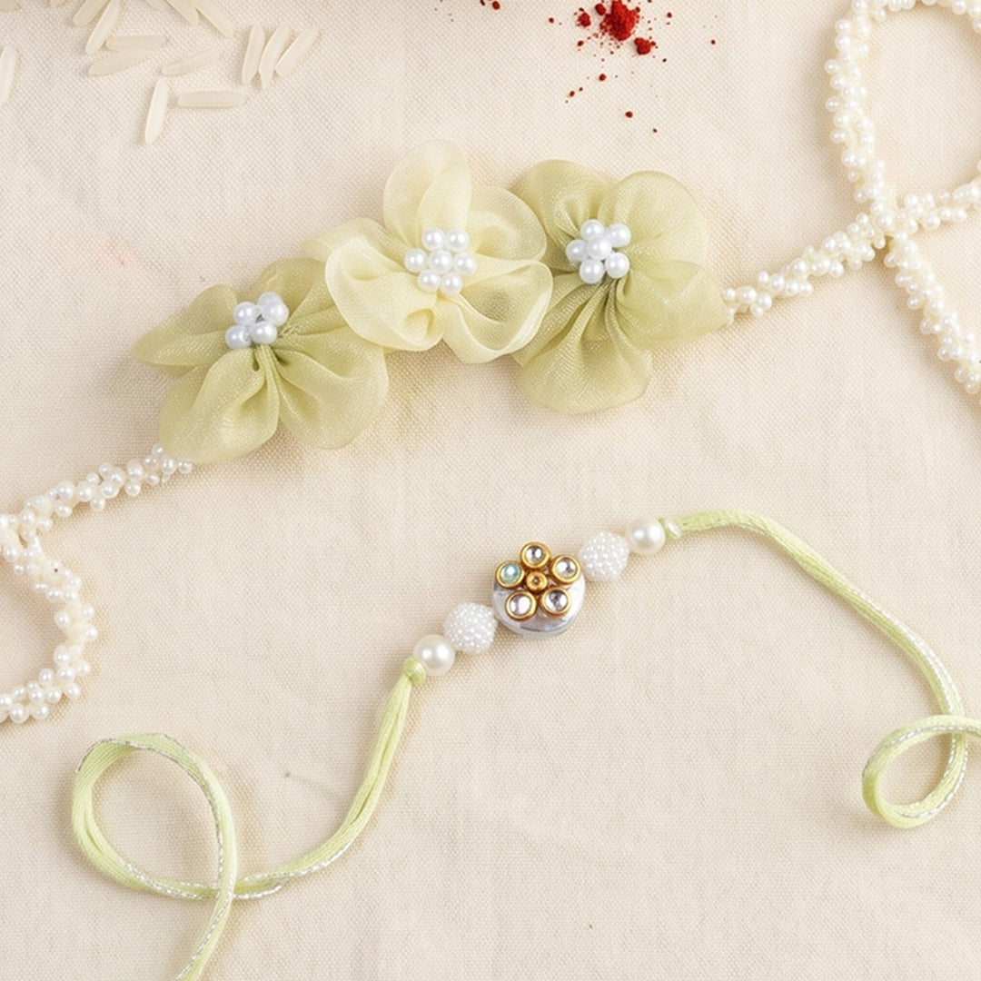 Handmade Hariyali Saaj Green Floral Couple Rakhi Lumba Set With Roli Chawal For Bhaiya Bhabhi
