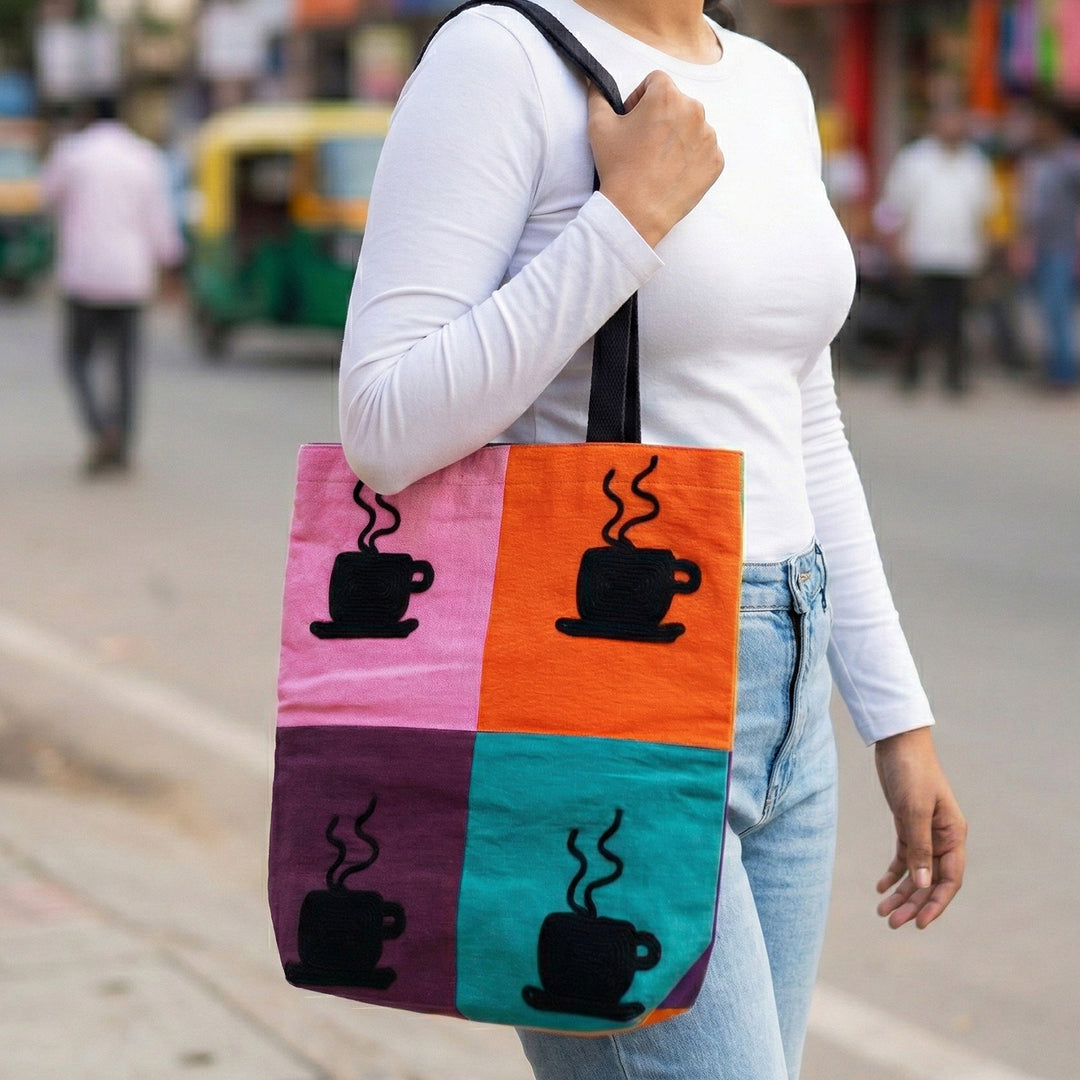 Hand-Embroidered Dori Work Coffee Time Tote Bag