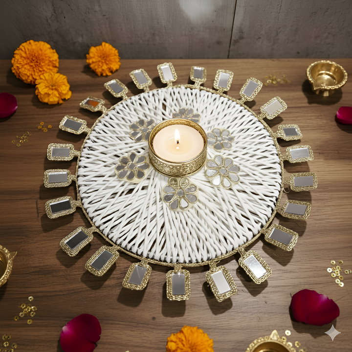 8 Inch | Handmade Mirror Work White & Golden Floral Tealight Holder
