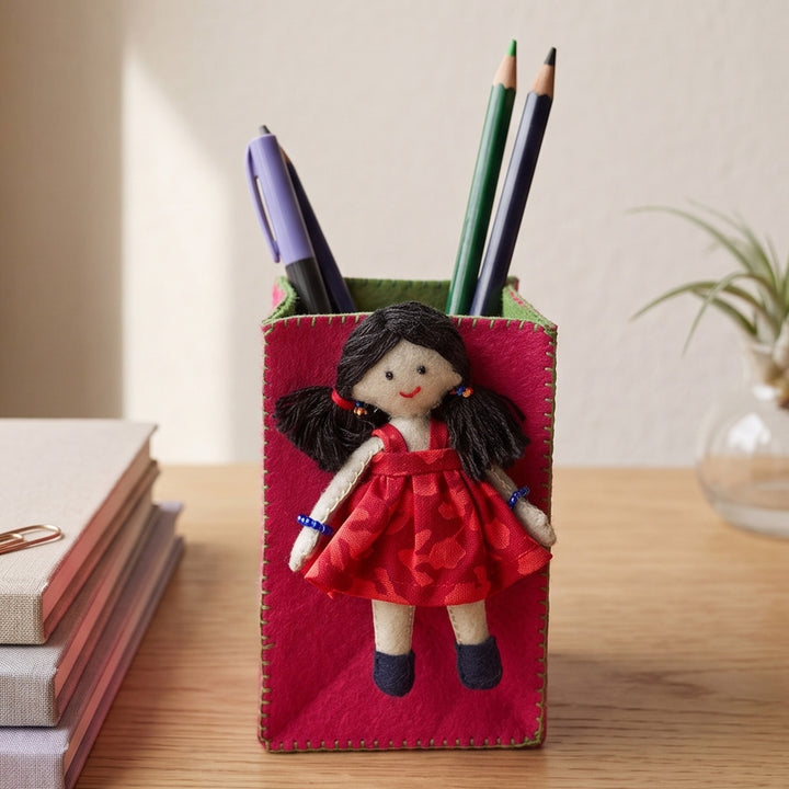 Handmade Pink & Green Pen Stand with Detachable Zoya Doll