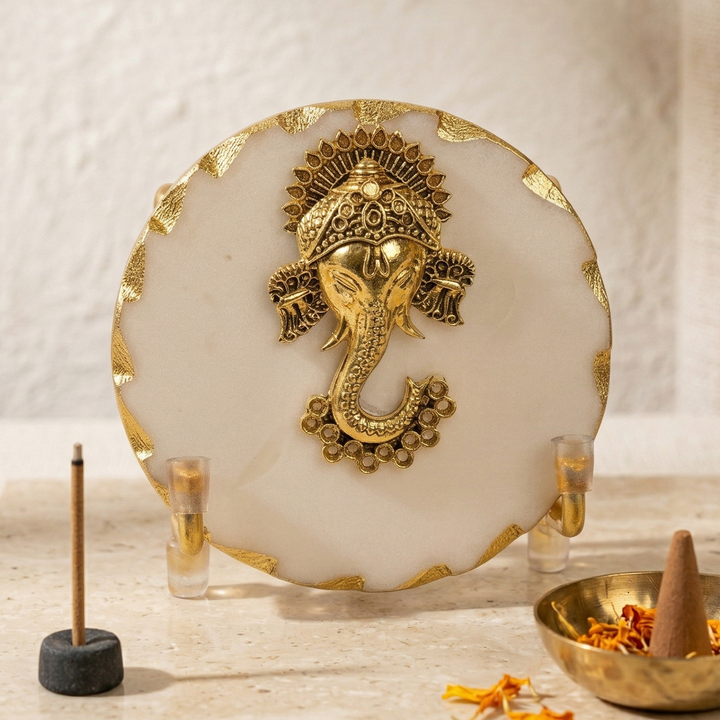 White Marble Ganesha Gold Leafing Showpiece With Metal Stand