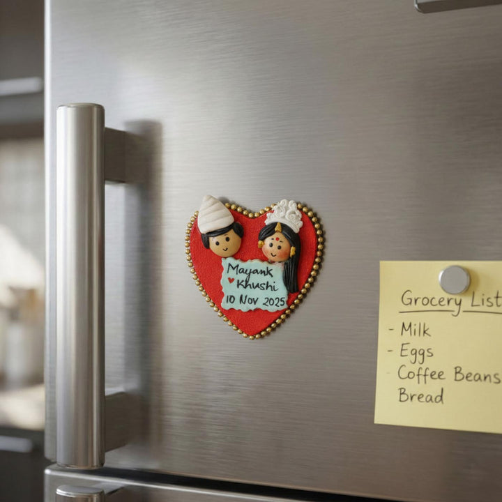 Bengali Couple Handmade Personalized Polymer Clay Heart Fridge Magents