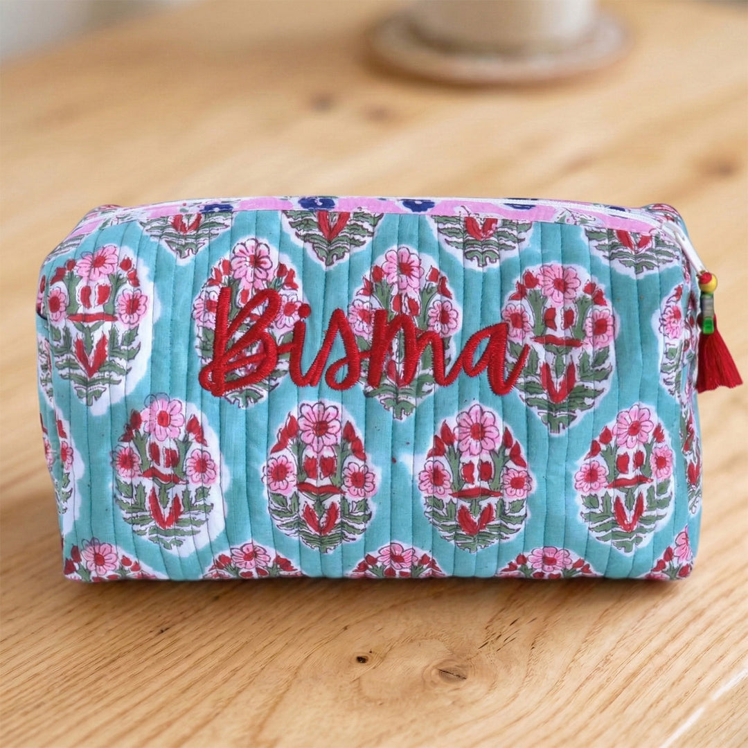 Personalized Block Printed Turquoise Cotton Cosmetic Pouch