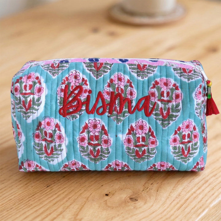 Personalized Block Printed Turquoise Cotton Cosmetic Pouch