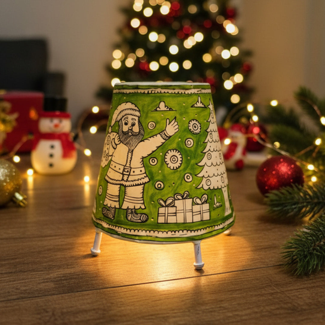 Green Christmas Motifs Hand Painted Tholu Bommalata Tabletop Lamp | 6 inches