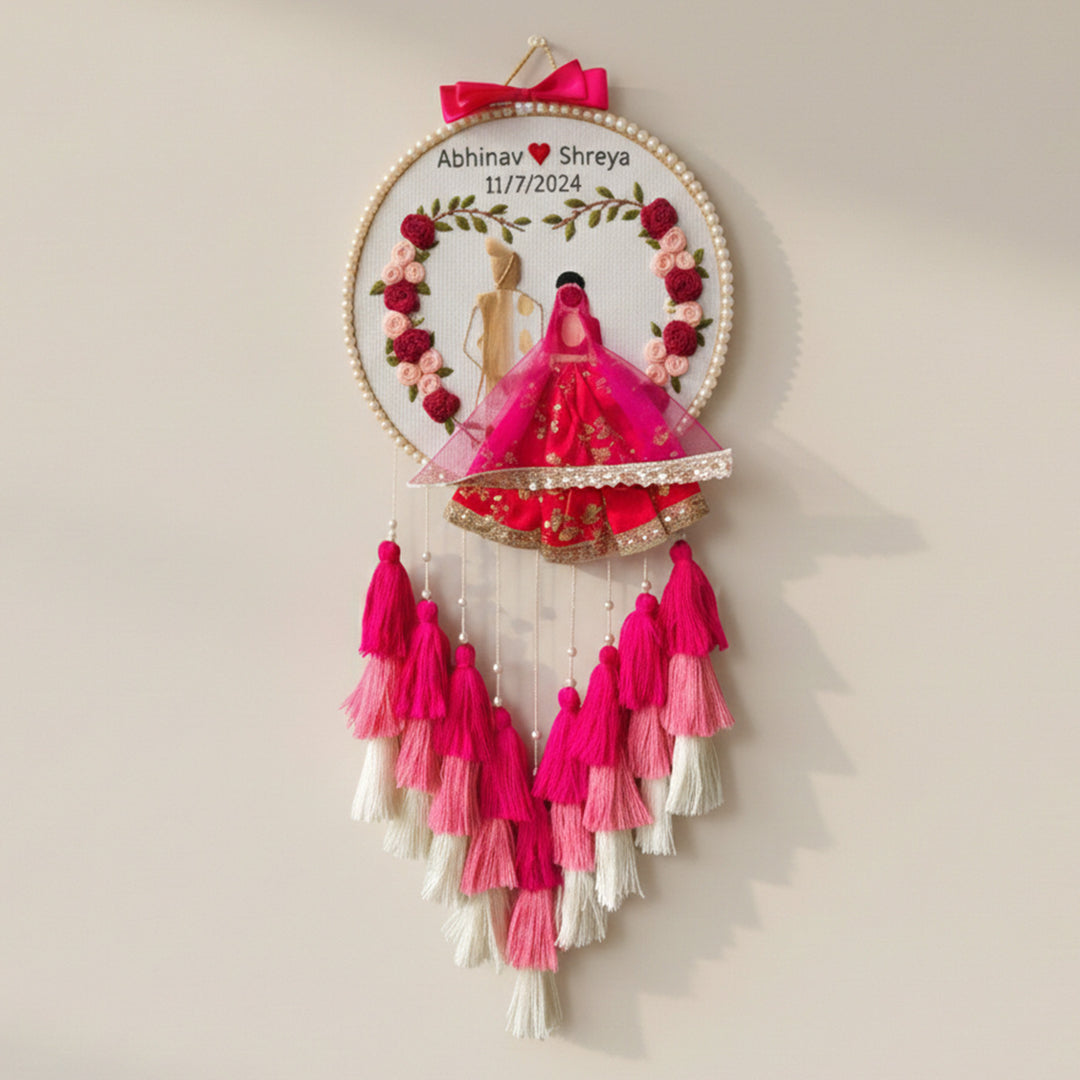 Personalized Embroidered Pink Floral Wedding Plaque With Tassels