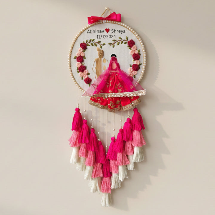 Personalized Embroidered Pink Floral Wedding Plaque With Tassels