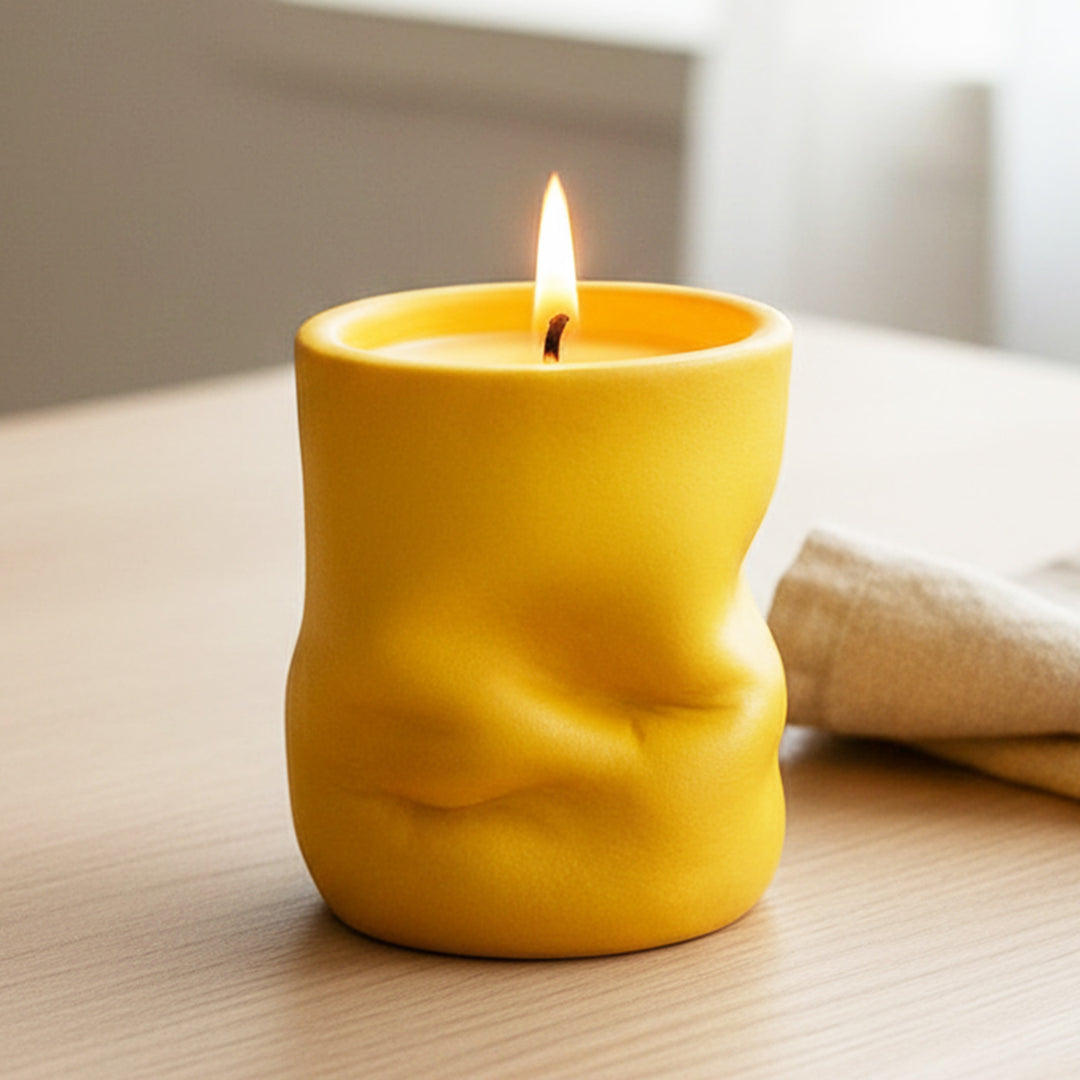 Hand-Painted Slumped Design Terracotta Candle Holder With Candle