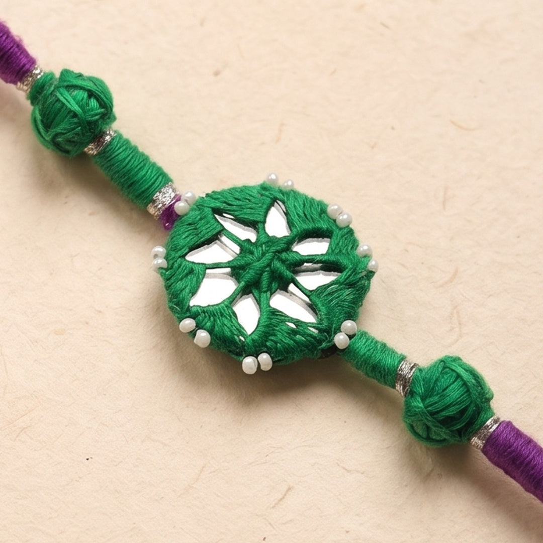 Handmade Mirror Work Patwa Green Cotton Rakhi With Roli Chawal