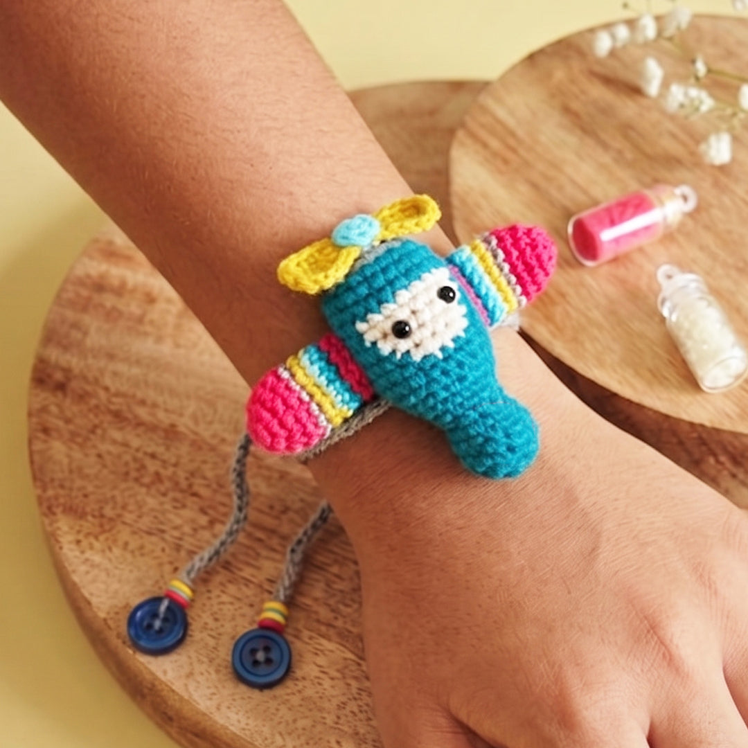 Handmade Crochet Agile Aeroplane Rakhi For Kids With Roli Chawal