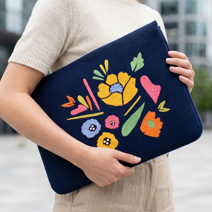 Corsage Aari Embroidered Navy Blue Floral Laptop Sleeve