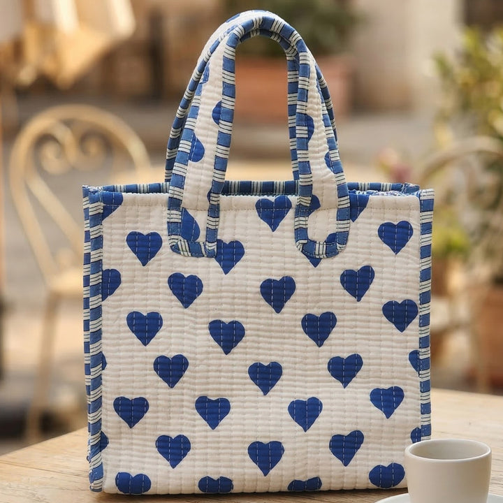 Hand Block Printed Blue Heart Cotton Tote Bag