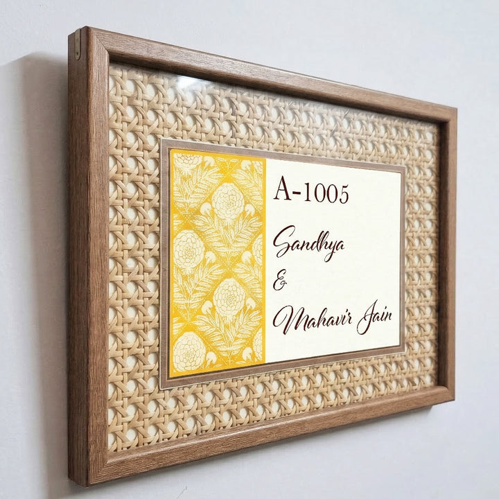 Handmade Floral Lattice Motif Rattan Name Plate With Wooden Frame