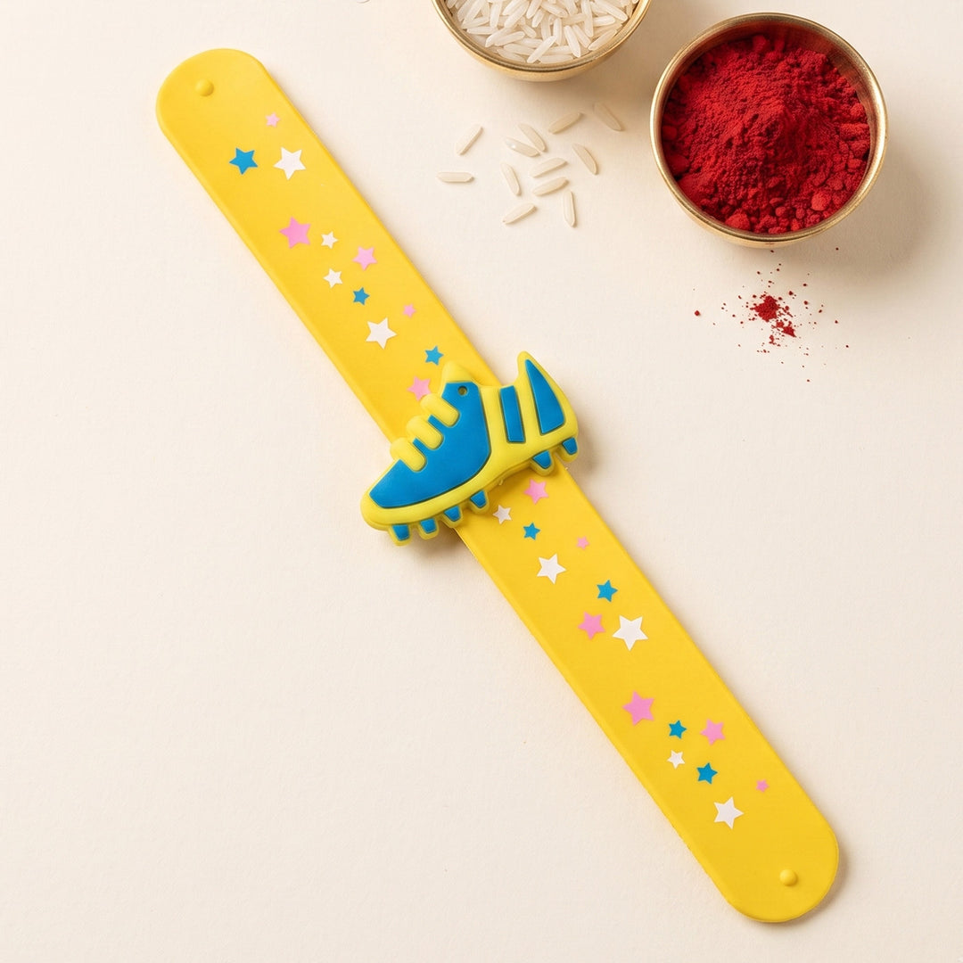 Handmade Football Shoe Silicone Slap Band Rakhi For Kids With Roli Chawal For Brother