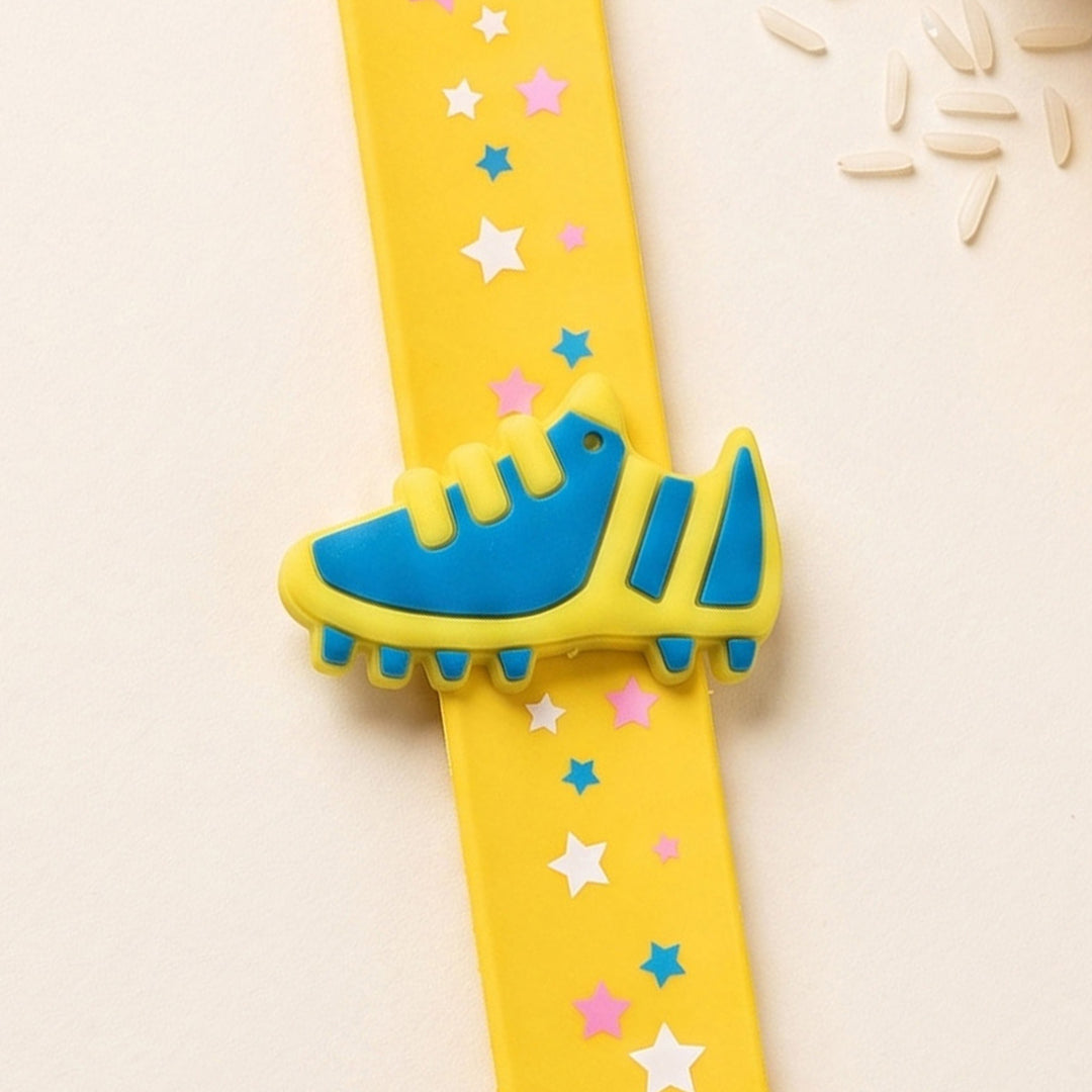 Handmade Football Shoe Silicone Slap Band Rakhi For Kids With Roli Chawal For Brother